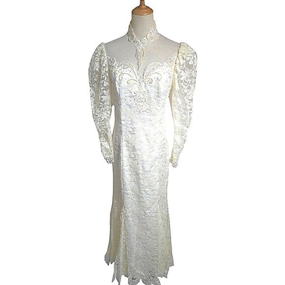 Vintage White Victorian 80s Wedding Lace Dress with Pearl Details - Picture 1 of 12